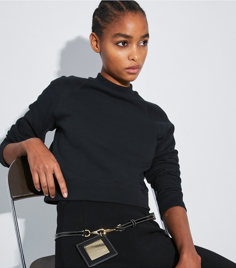 Tory Sport designer sweaters French Terry Shrunken Mockneck Crew in Black front