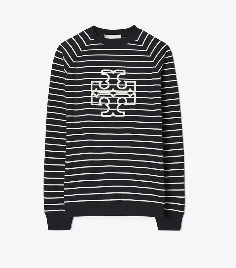 Tory Burch designer sweaters French Terry Striped Logo Crew in Black / New Ivory front