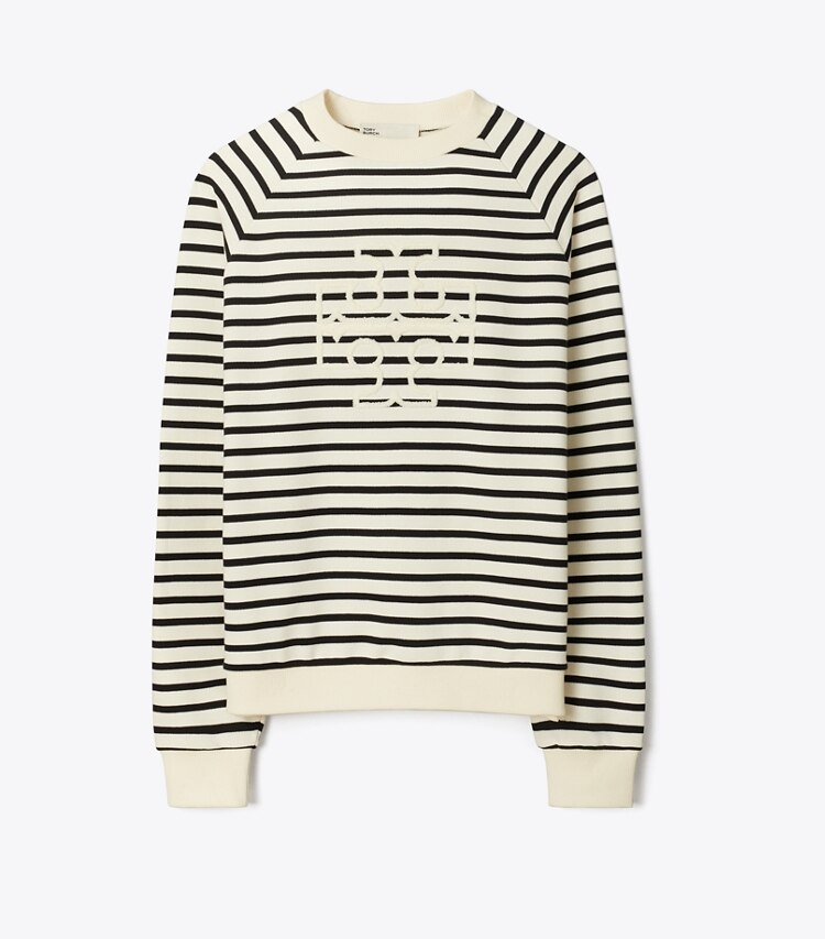 Tory Burch designer sweaters French Terry Striped Logo Crew in New Ivory / Black front