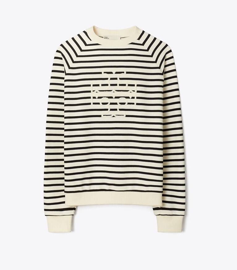 Tory Burch designer sweaters French Terry Striped Logo Crew in New Ivory / Black front