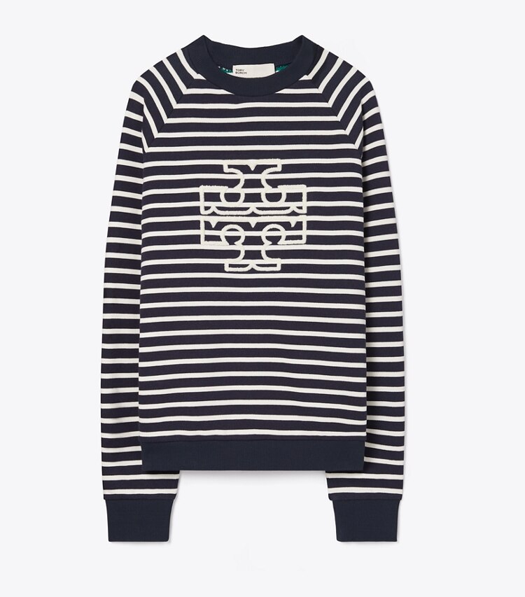 Tory Burch designer sweaters French Terry Striped Logo Crew in Tory Navy / Snow White front