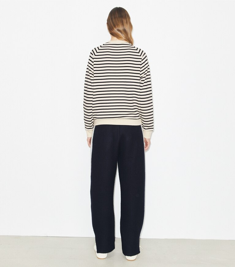 Tory Burch designer sweaters French Terry Striped Logo Crew in New Ivory / Black on model back