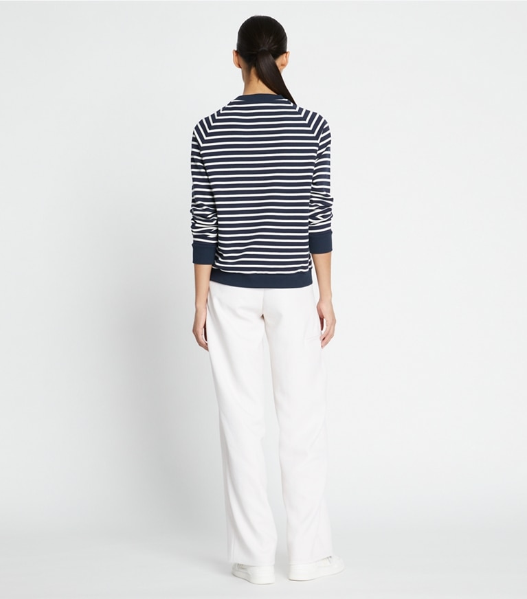 Tory Burch designer sweaters French Terry Striped Logo Crew in Tory Navy / Snow White front
