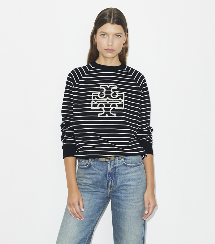 Tory Burch designer sweaters French Terry Striped Logo Crew in Black / New Ivory on model detail
