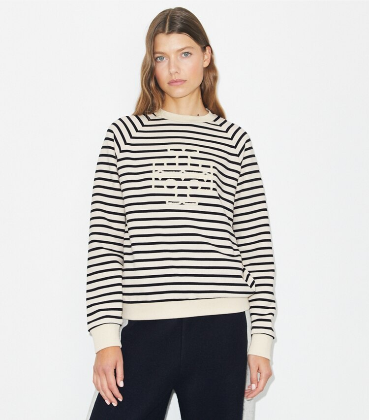 Tory Burch designer sweaters French Terry Striped Logo Crew in New Ivory / Black on model detail