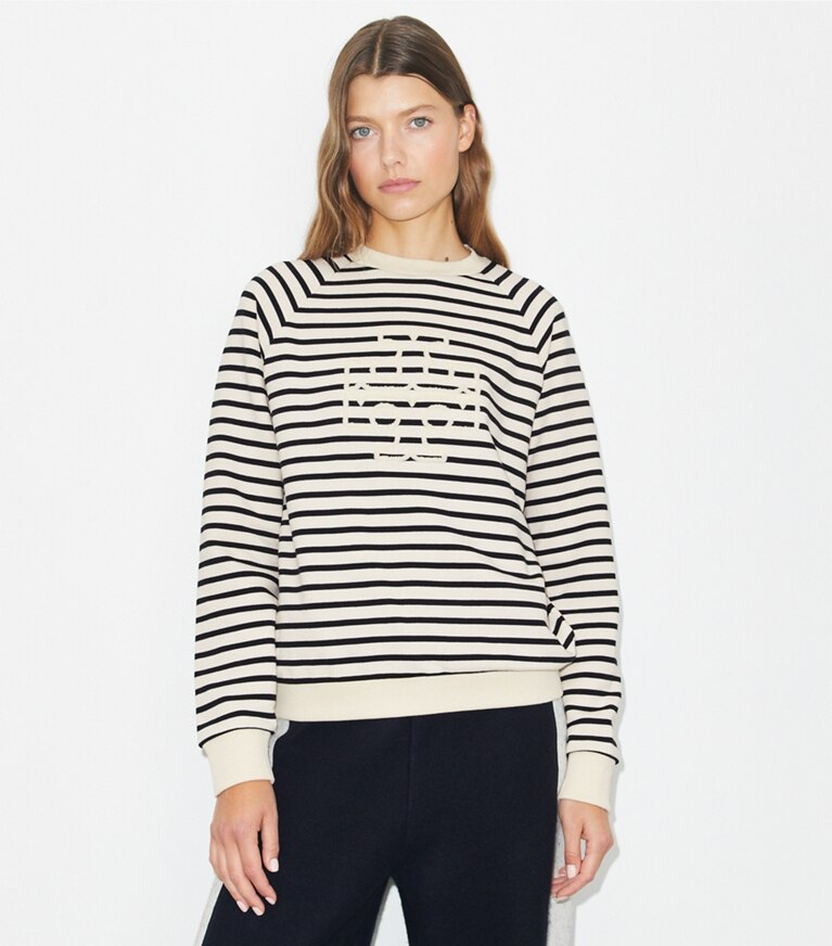 Tory Burch designer sweaters French Terry Striped Logo Crew in New Ivory / Black on model detail