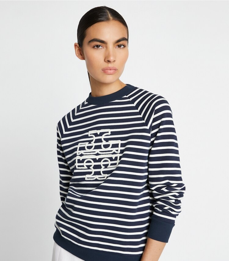 Tory Burch designer sweaters French Terry Striped Logo Crew in Tory Navy / Snow White on model detail