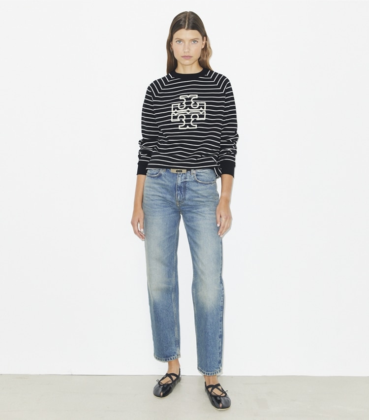 Tory Burch designer sweaters French Terry Striped Logo Crew in Black / New Ivory on model front