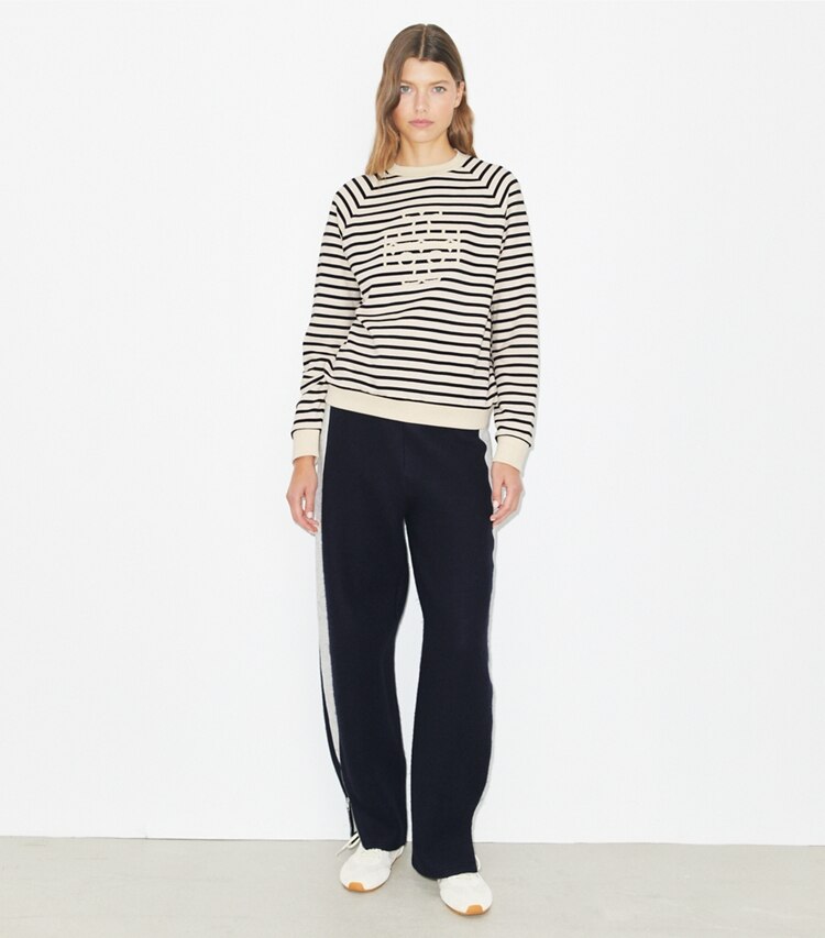Tory Burch designer sweaters French Terry Striped Logo Crew in New Ivory / Black on model front