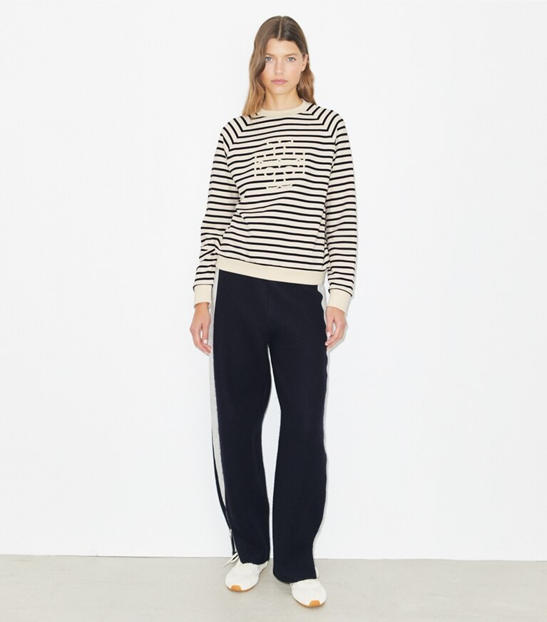 Tory Burch designer sweaters French Terry Striped Logo Crew in New Ivory / Black on model front