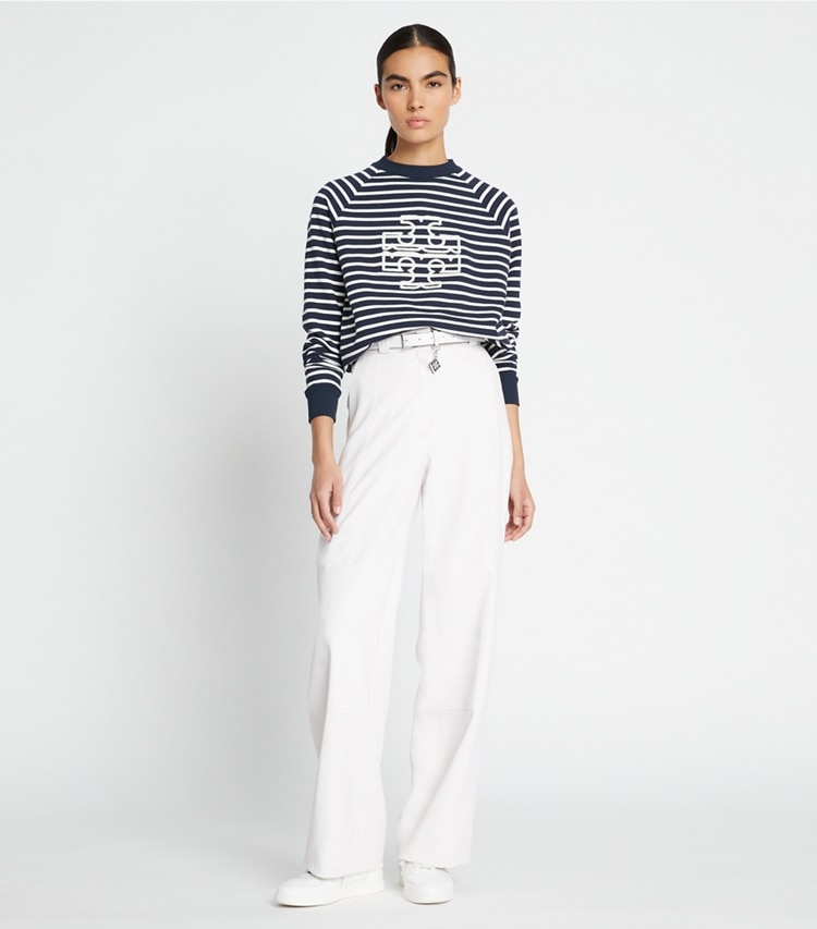 Tory Burch designer sweaters French Terry Striped Logo Crew in Tory Navy / Snow White on model front