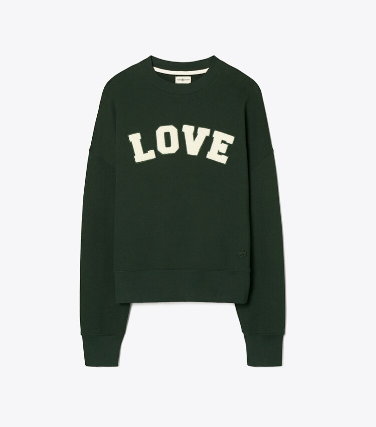Tory Sport designer sweaters French Terry Varsity Crewneck in Conifer front