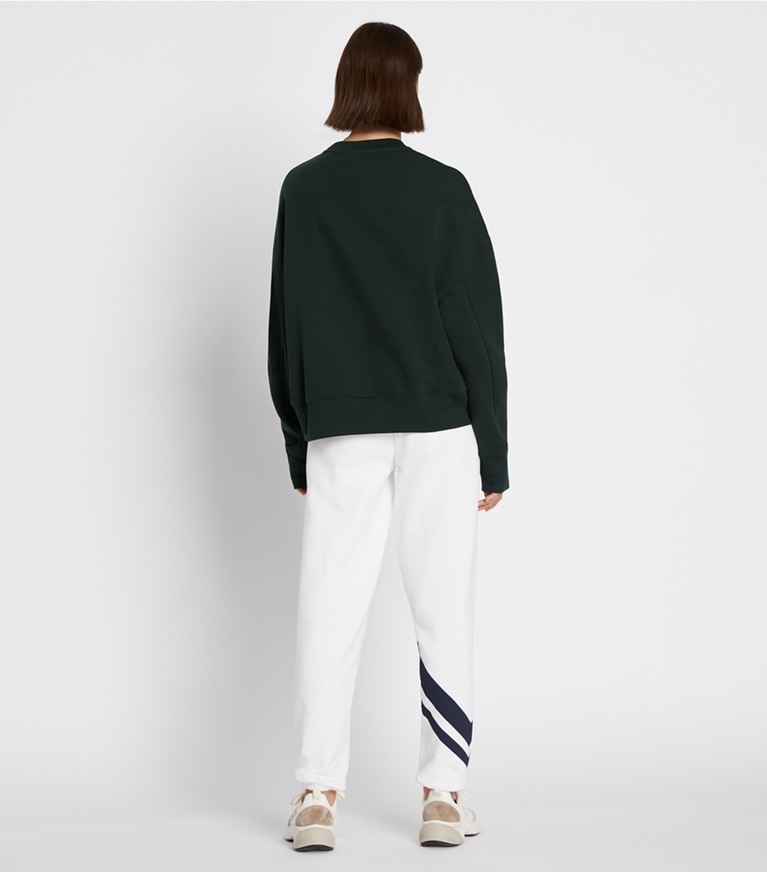 Tory Sport designer sweaters French Terry Varsity Crewneck in Conifer front