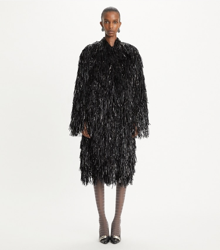 Tory Burch designer coats Fringe Coat in Black on model front