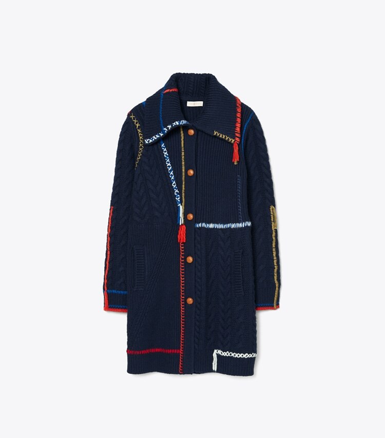 Tory Burch designer jackets Fringe Sweater Coat in Tory Navy front
