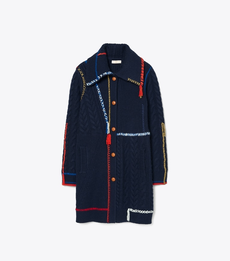 Tory Burch designer jackets Fringe Sweater Coat in Tory Navy front