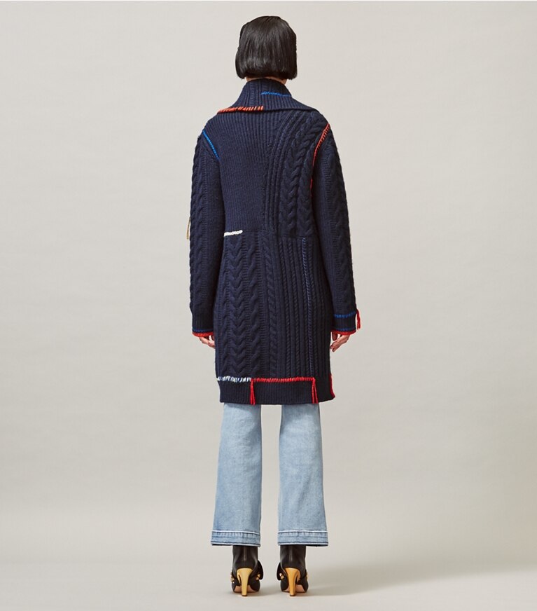 Tory Burch designer jackets Fringe Sweater Coat in Tory Navy front