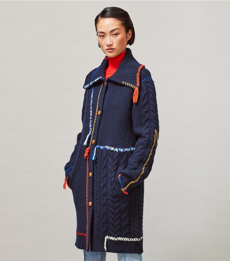 Tory Burch designer jackets Fringe Sweater Coat in Tory Navy on model detail