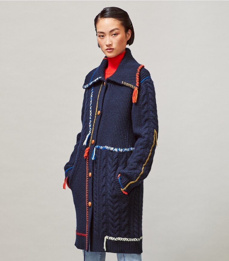 Tory Burch designer jackets Fringe Sweater Coat in Tory Navy front