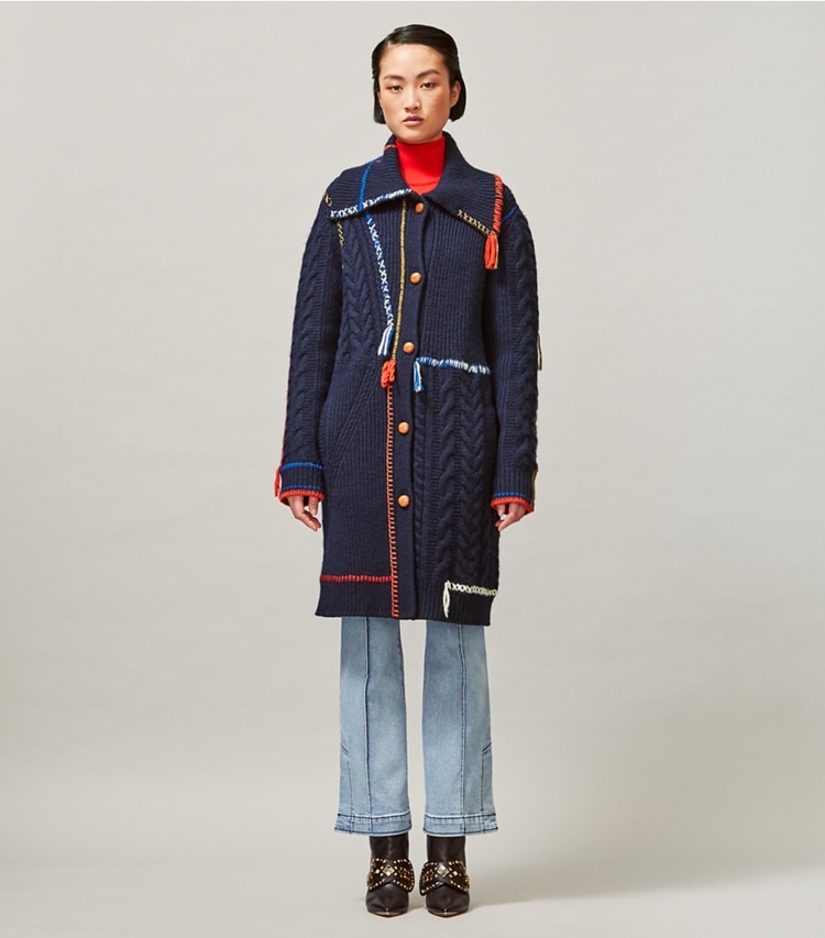 Tory Burch designer jackets Fringe Sweater Coat in Tory Navy on model front