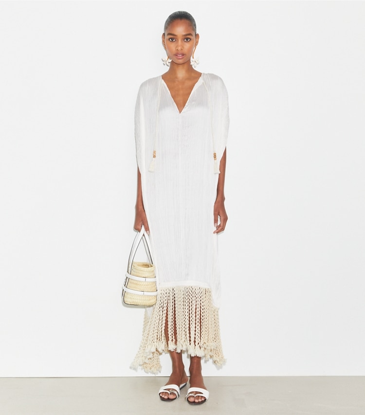 Tory Burch designer coverups Fringe Tunic in Vintage Champagne on model front