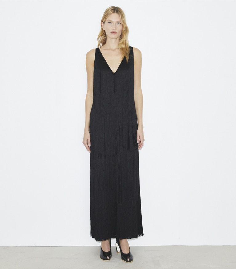 Tory Burch designer dresses Fringe Viscose Dress in Black front
