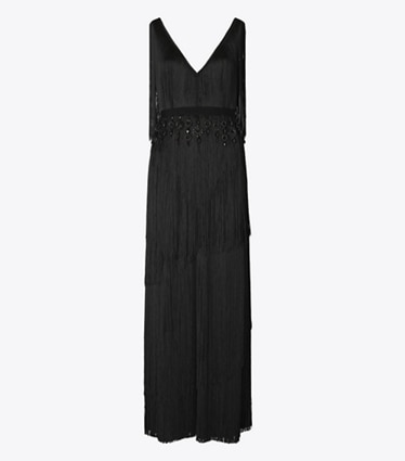 Tory Burch designer dresses Fringe Viscose Dress in Black front