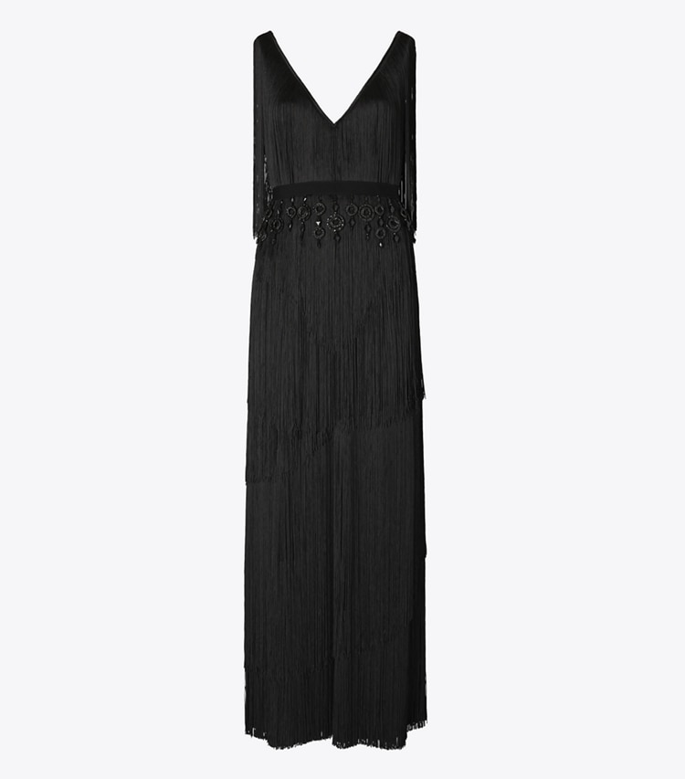 Tory Burch designer dresses Fringe Viscose Dress in Black front