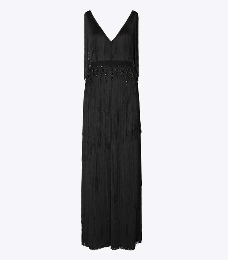 Tory Burch designer dresses Fringe Viscose Dress in Black front