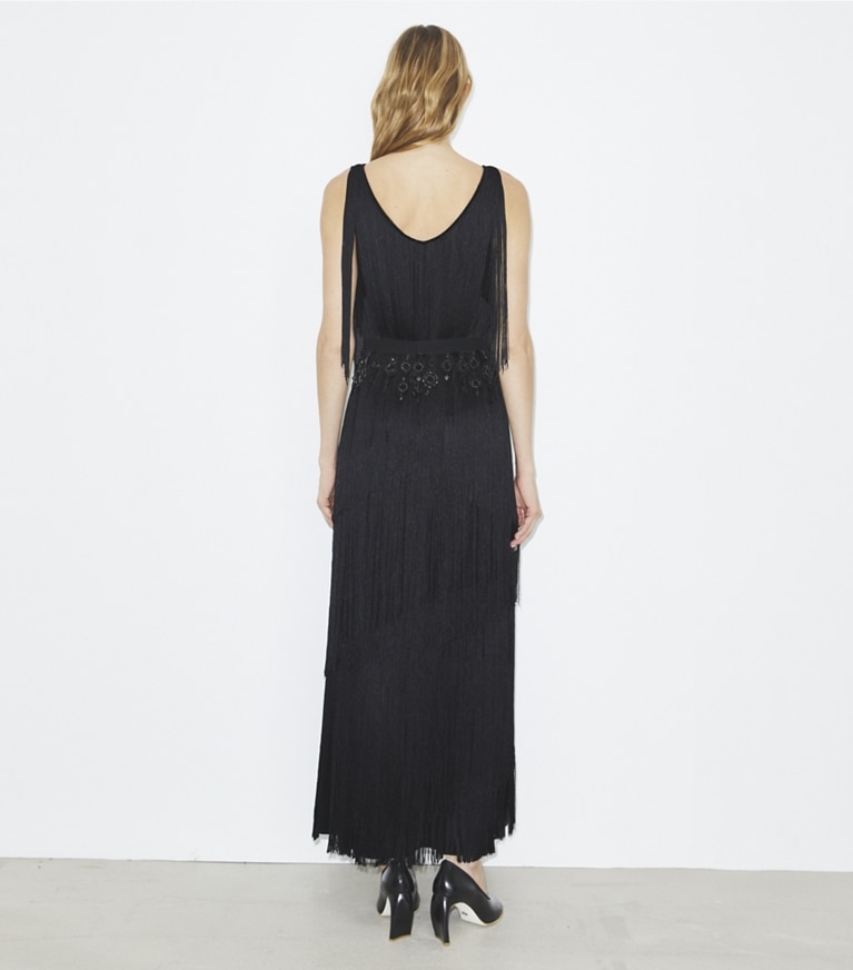 Tory Burch designer dresses Fringe Viscose Dress in Black front