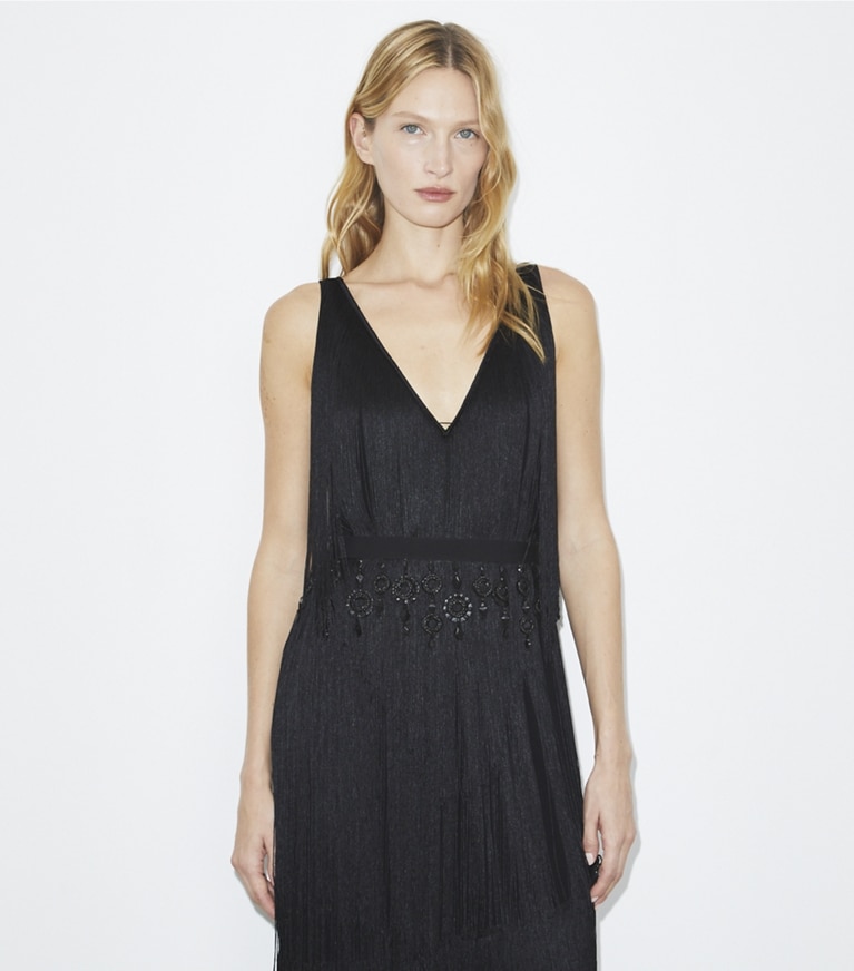Tory Burch designer dresses Fringe Viscose Dress in Black front