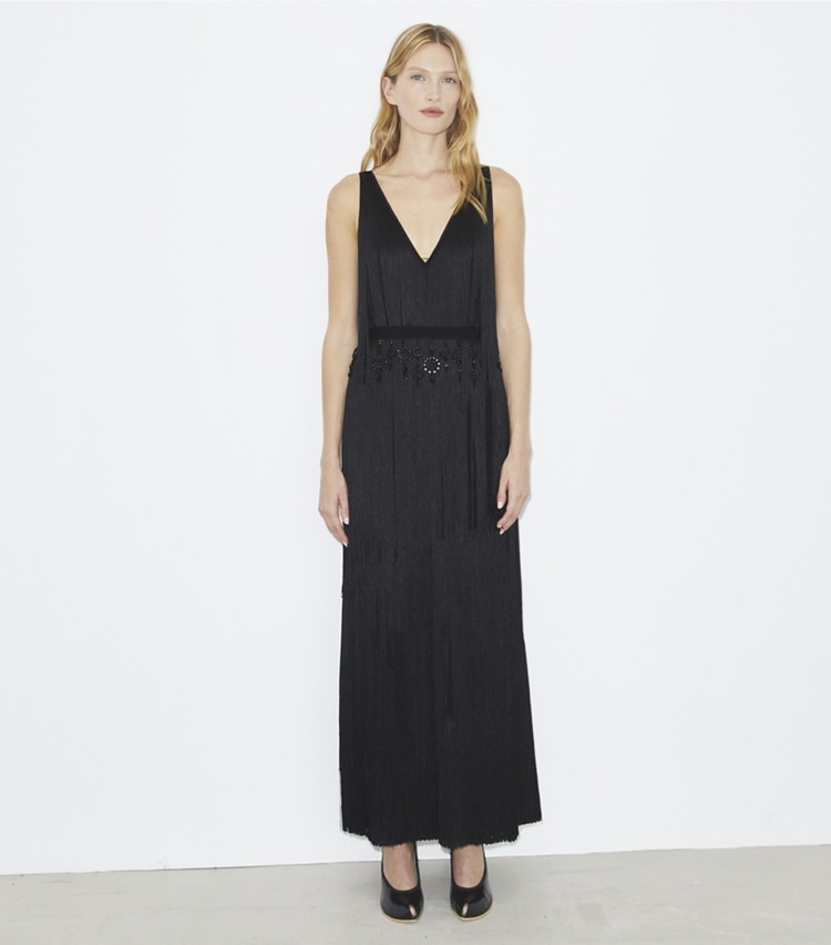 Tory Burch designer dresses Fringe Viscose Dress in Black on model front