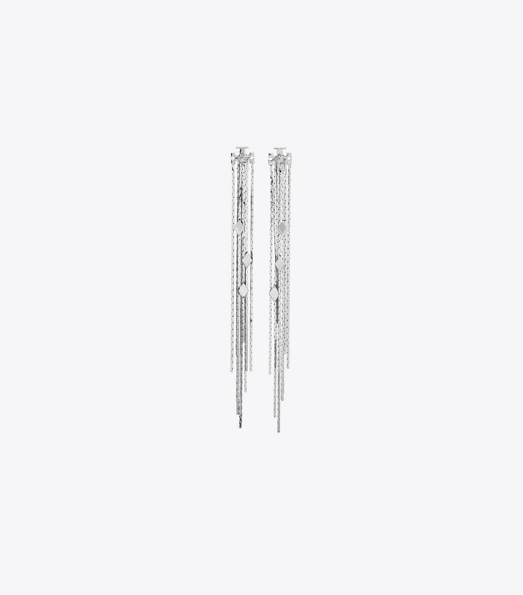 Tory Burch designer earrings Front-Back Chain Earrings in Tory Silver / Crystal front