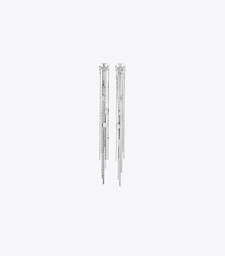 Tory Burch designer earrings Front-Back Chain Earrings in Tory Silver / Crystal front
