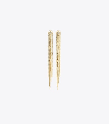 Tory Burch designer earrings Front-Back Chain Earrings in Light Brass / Crystal front