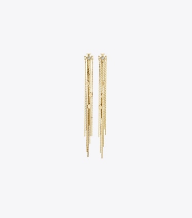 Tory Burch designer earrings Front-Back Chain Earrings in Light Brass / Crystal front