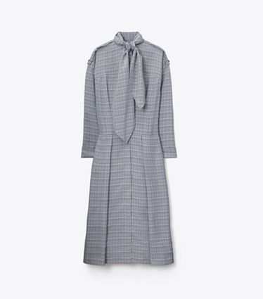 Tory Burch designer dresses Front-Tie Jacquard Shirtdress in Whipped Cream / Mossy Pine front