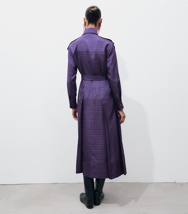 Tory Burch designer dresses Front-Tie Jacquard Shirtdress in Blue Slate / Cherrywood on model back