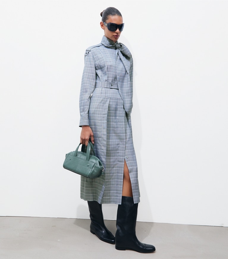 Tory Burch designer dresses Front-Tie Jacquard Shirtdress in Whipped Cream / Mossy Pine on model front