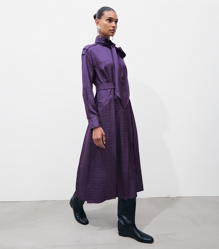 Tory Burch designer dresses Front-Tie Jacquard Shirtdress in Blue Slate / Cherrywood on model front