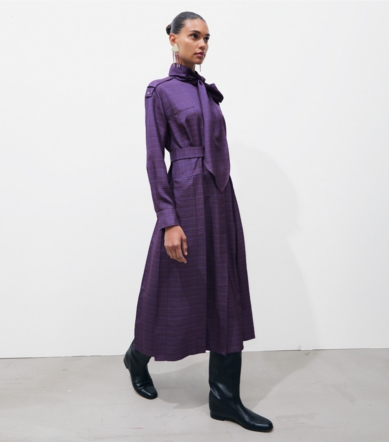 Tory Burch designer dresses Front-Tie Jacquard Shirtdress in Blue Slate / Cherrywood on model front