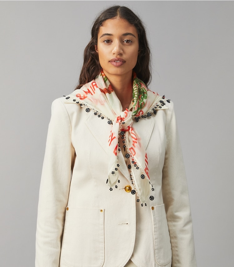 Tory Burch designer scarves Fruit Basket Cotton Square Scarf with Trim in Multi accessory on model