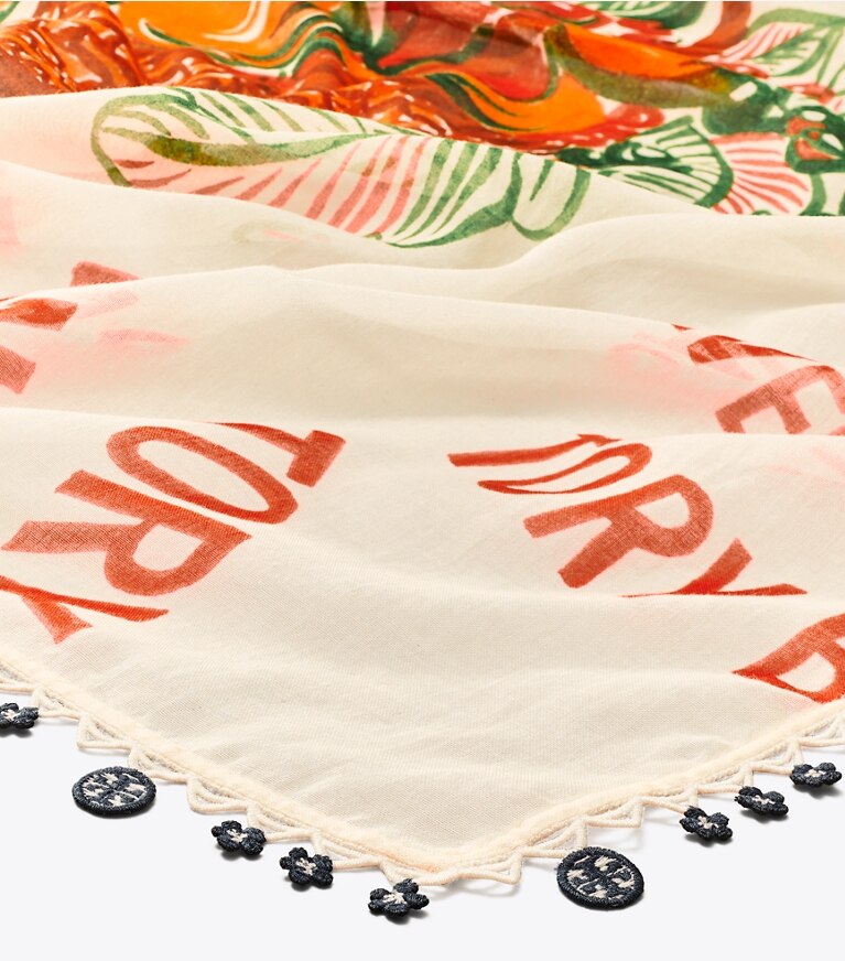 Tory Burch designer scarves Fruit Basket Cotton Square Scarf with Trim in Multi overhead