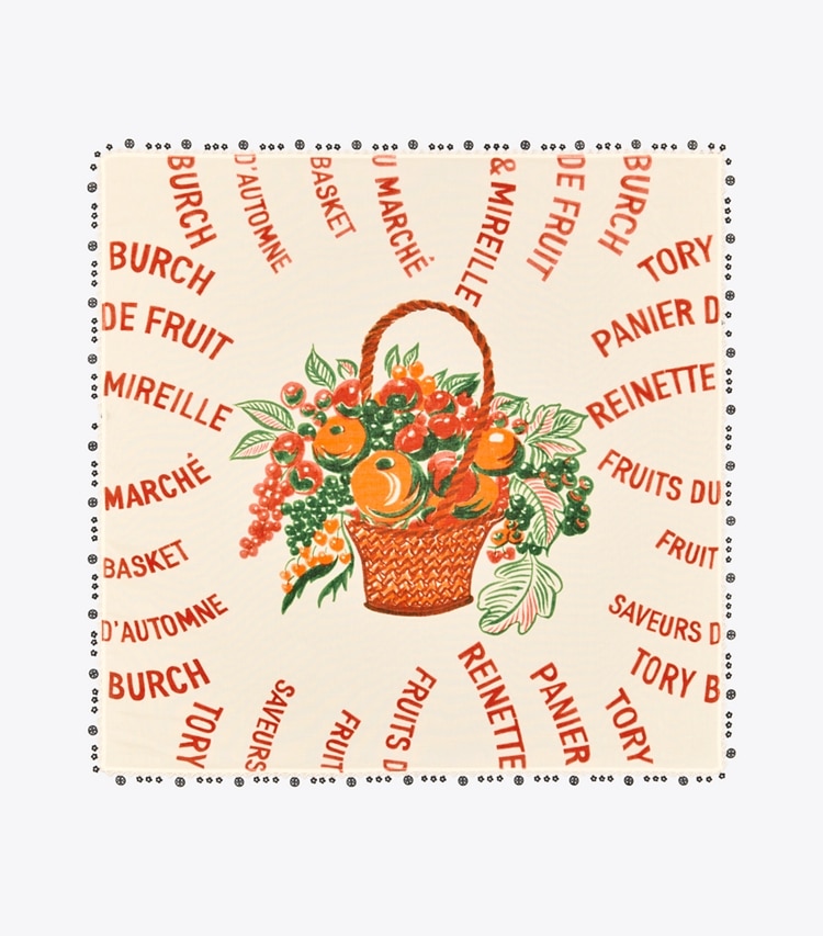 Tory Burch designer scarves Fruit Basket Cotton Square Scarf with Trim in Multi overhead