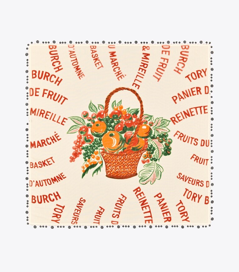 Tory Burch designer scarves Fruit Basket Cotton Square Scarf with Trim in Multi overhead