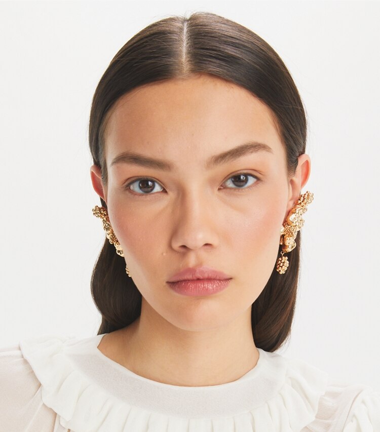 Tory Burch designer earrings Fruit Earring in Light Brass accessory on model