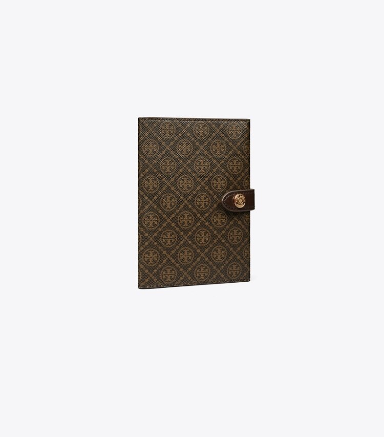 Tory Burch diseñador accesorios de viaje Funda para pasaporte de lona revestida con monograma de T en French Press ángulo