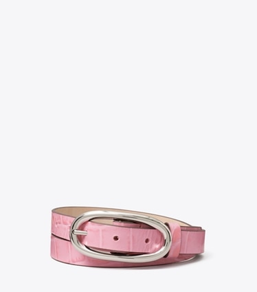 Tory Burch designer gürtel Gürtel mit großer Schnalle, Lochung und Krokoprägung in Rose Sunset / Silver front