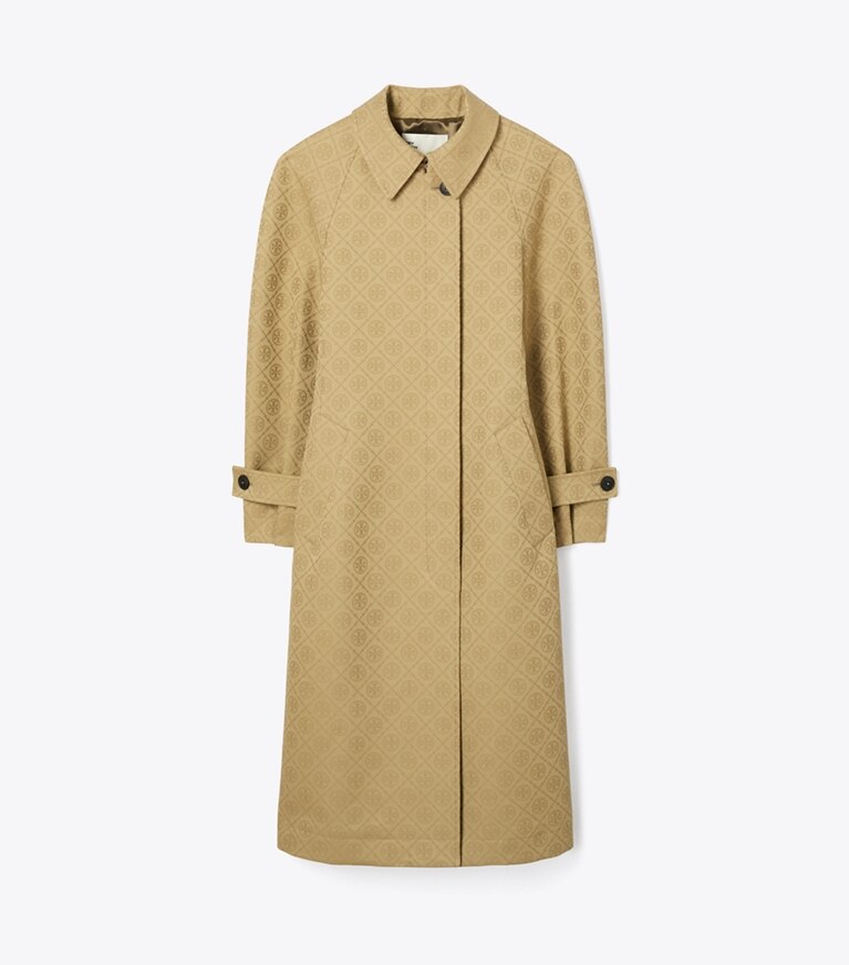 Tory Burch diseñador abrigos Gabardina de jacquard con monograma de T en Taupe Gray T MONOGRAM SMALL SPORT frontal