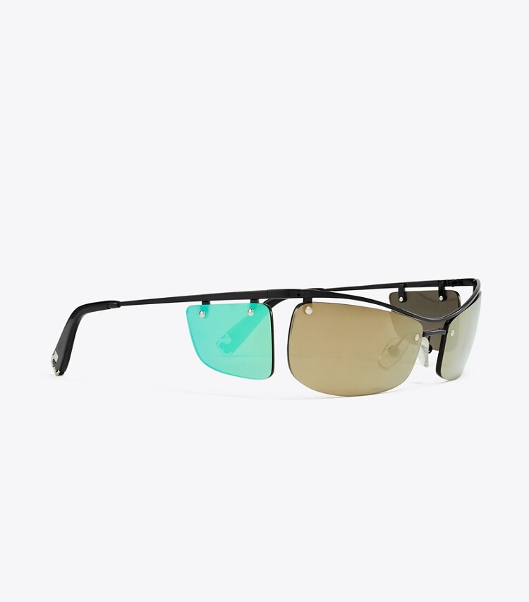 Tory Burch diseñador gafas de sol y gafas graduadas Gafas de sol con doble lente Runway en MIRRORED BROWN/MIRRORED GREEN detalle